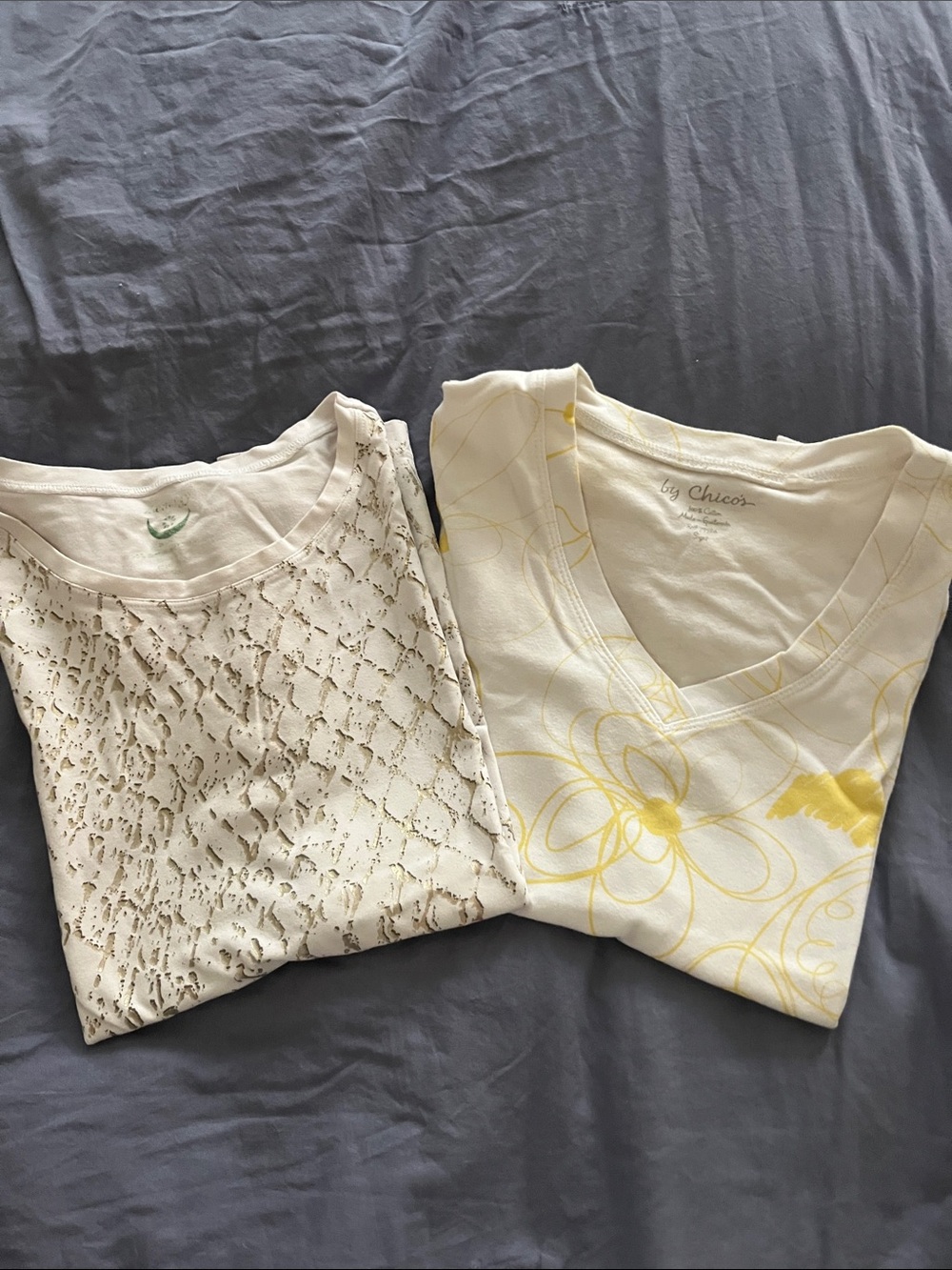 Chico's White V-Neck Top with Yellow Floral Design